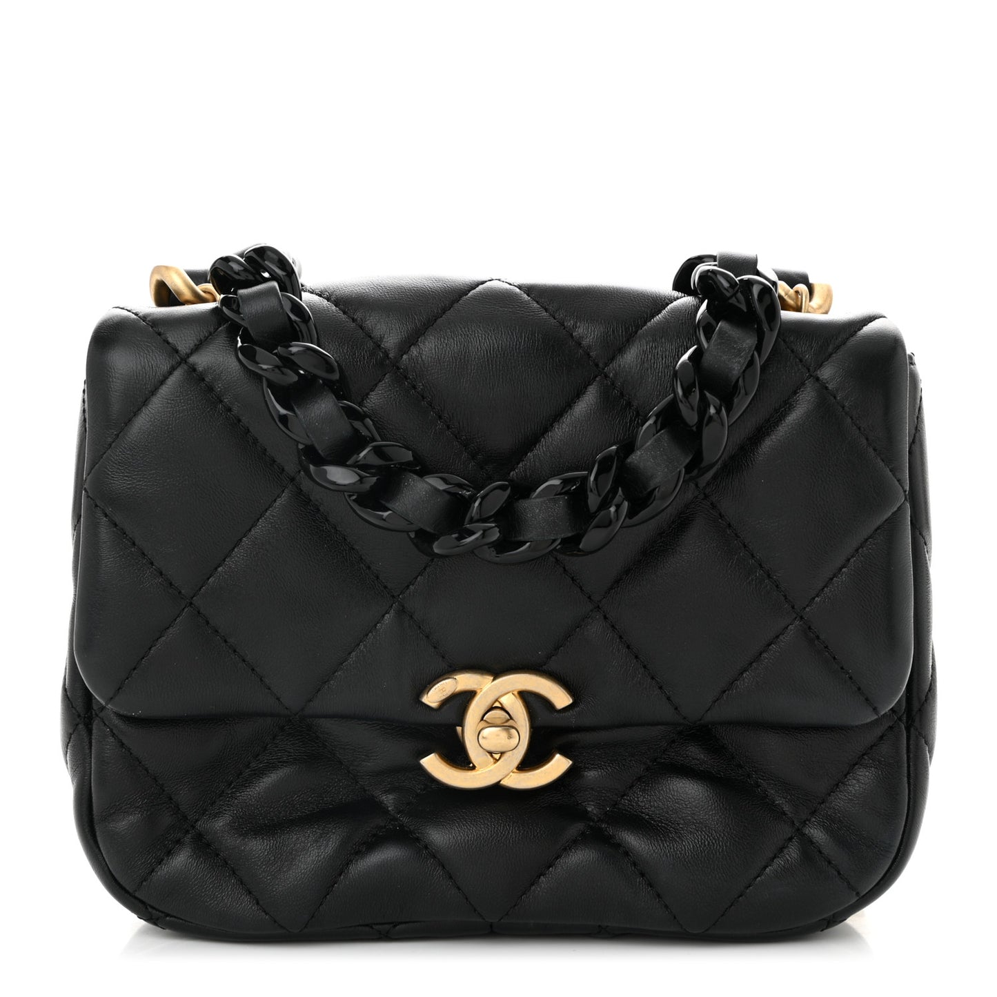Lambskin Quilted Mini Lacquered Chain Flap Black
