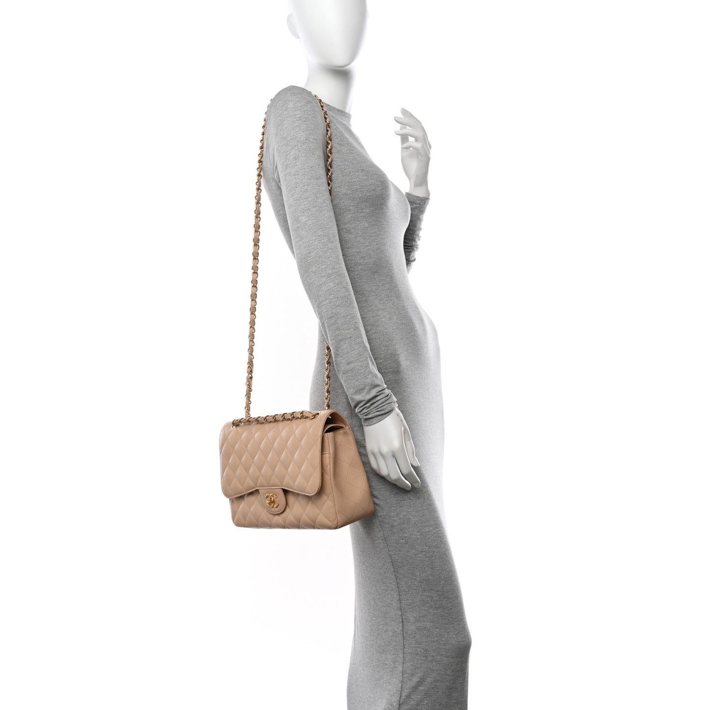 Caviar Quilted Jumbo Double Flap Beige Clair