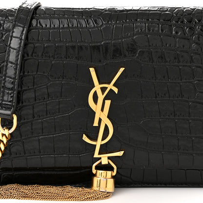 Saint Laurent Calfskin Crocodile Embossed Kate Monogram Tassel Chain Wallet Black 7 of 10