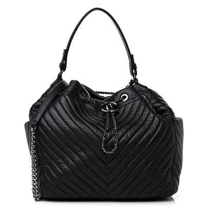 Chanel Deerskin Chevron Large CC Chain Bucket Drawstring Bag Black 1 of 11