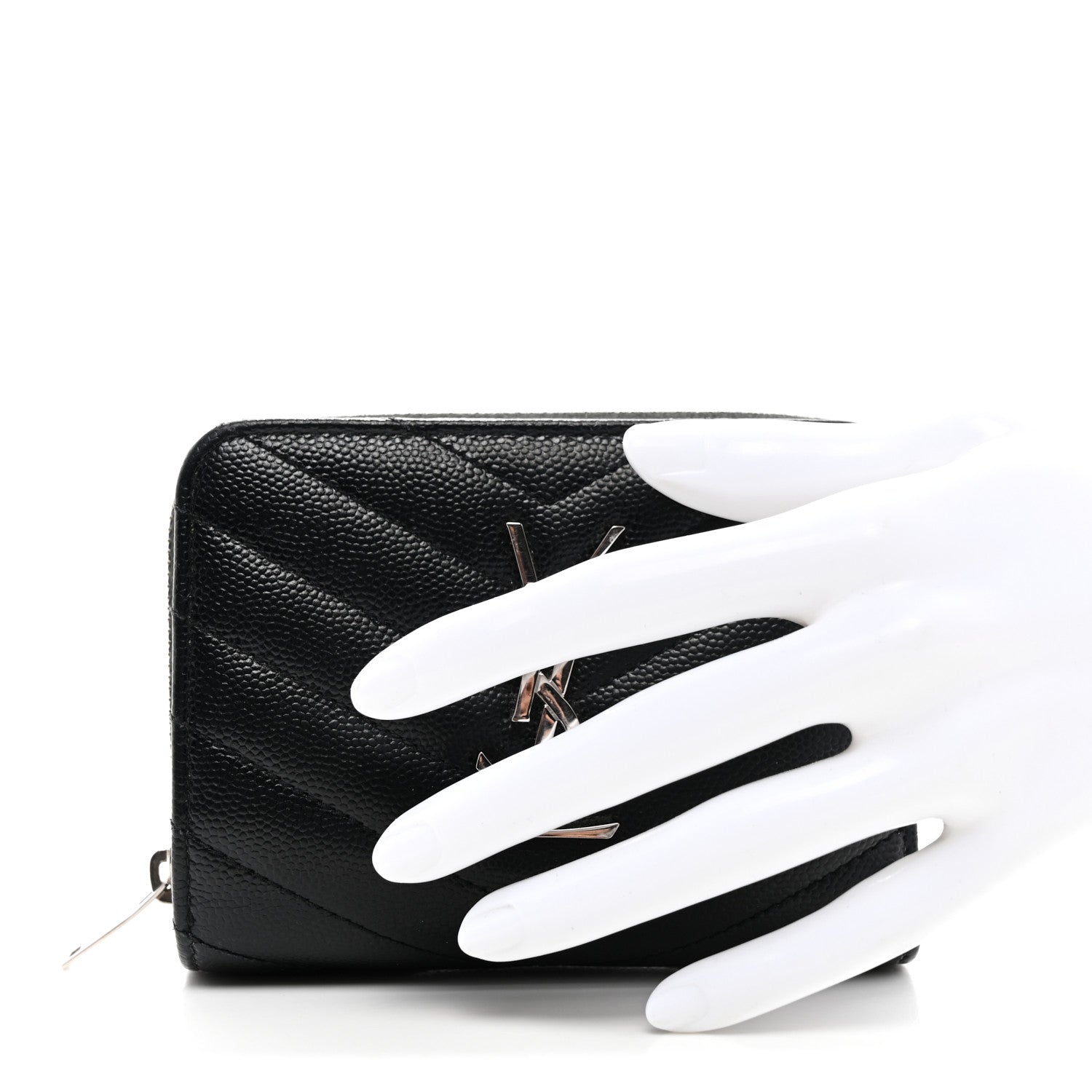 Saint Laurent Grain De Poudre Matelasse Chevron Monogram Compact Zip Around Wallet Black 2 of 8