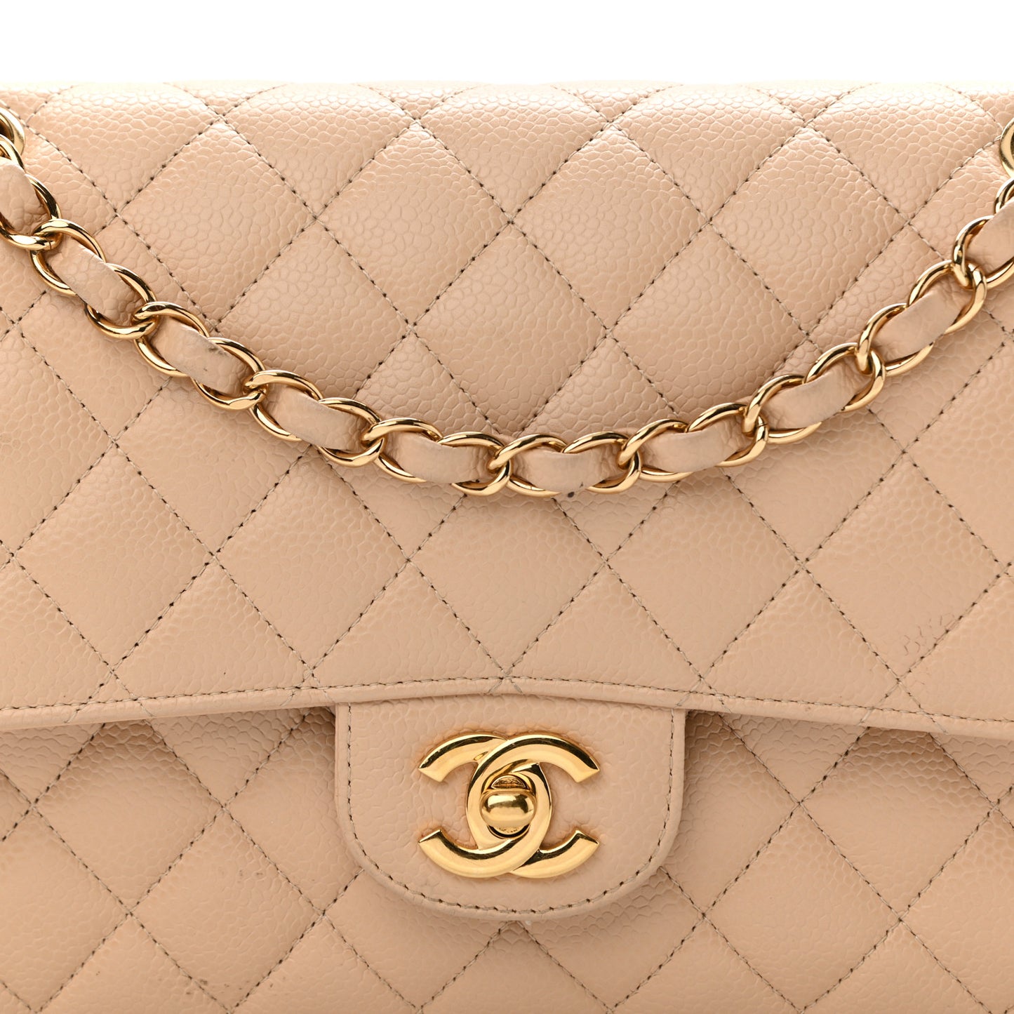Caviar Quilted Medium Double Flap Beige
