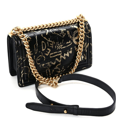 Chanel Calfskin Crocodile Embossed Graffiti Cocodile Medium Boy Flap Black 2 of 9