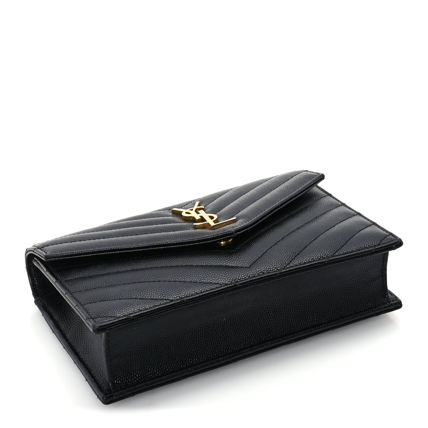 Saint Laurent Grain De Poudre Matelasse Chevron Monogram Envelope Chain Wallet Black 3 of 8