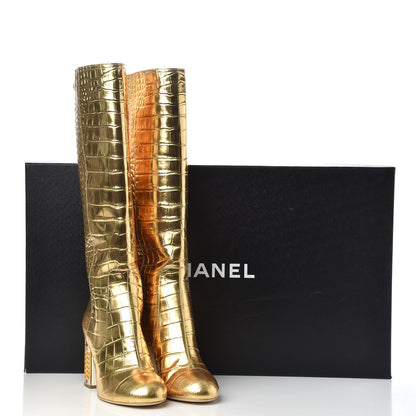 Chanel Calfskin Crocodile Embossed Cap Toe High Boots 38 Gold 8 of 8