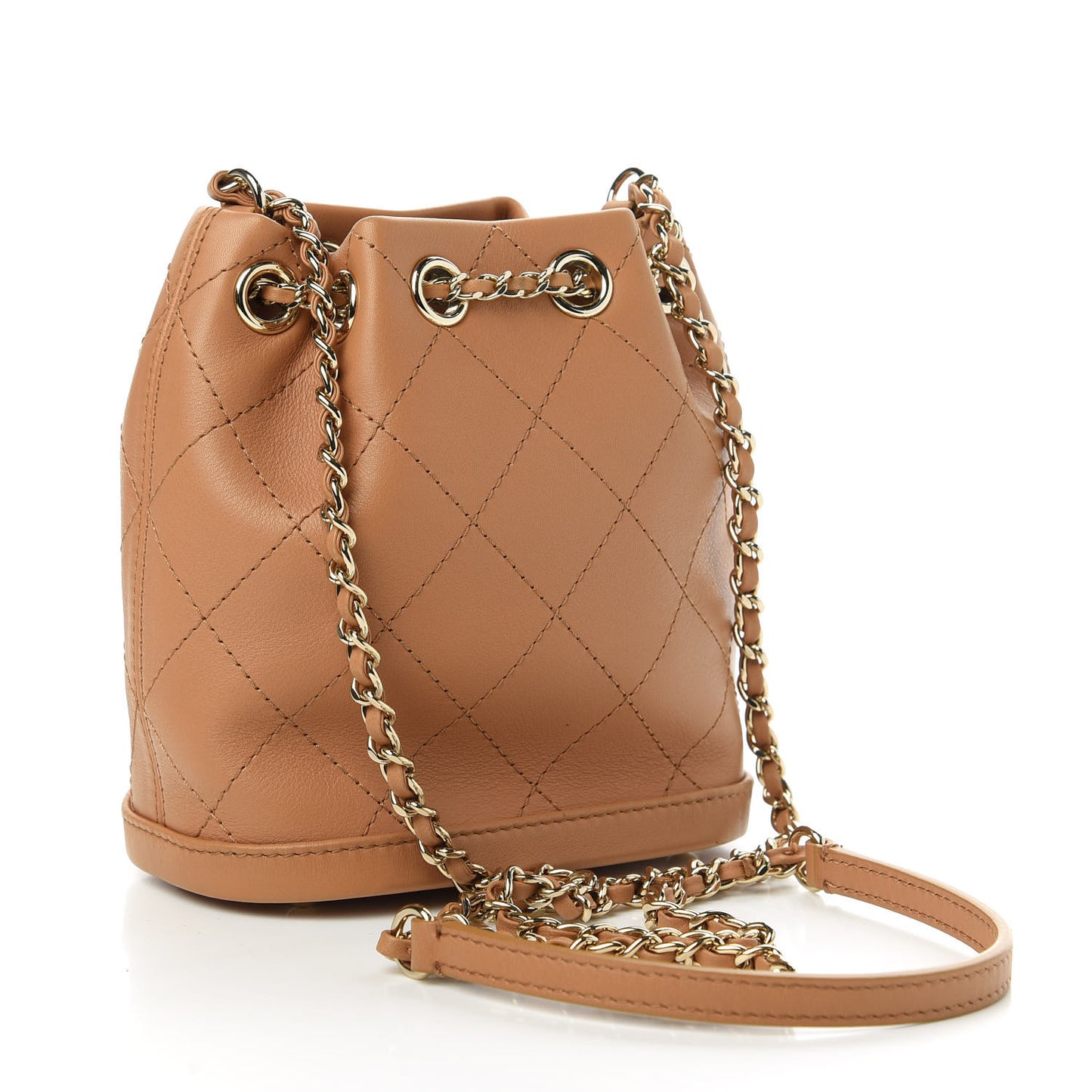 Calfskin Stitched Chain Bucket Bag Camel