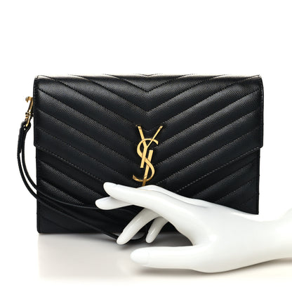 Saint Laurent Grain De Poudre Matelasse Chevron Monogram Envelope Clutch Black 2 of 11