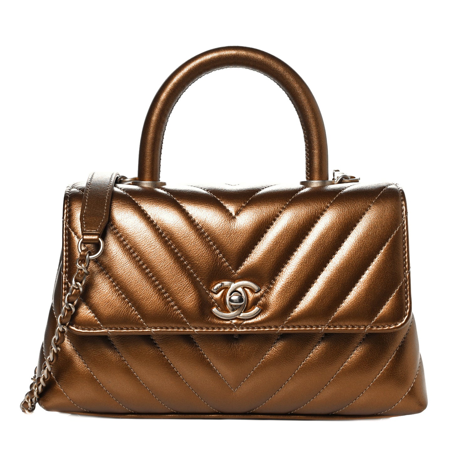 Metallic Calfskin Chevron Quilted Mini Coco Handle Flap Gold
