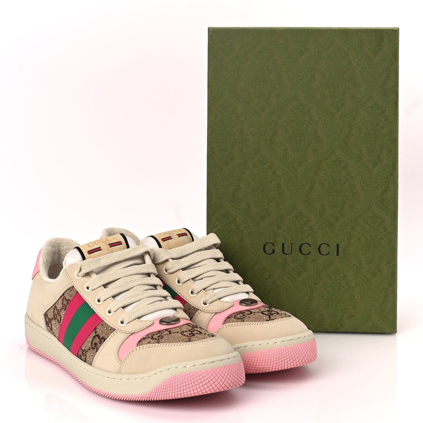 Calfskin GG Supreme Crystals Web Screener Sneakers Beige Ebony Wild Rose
