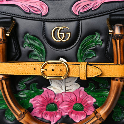 Gucci Calfskin Floral Embossed Diana Tote Bag Black Multicolor 7 of 9
