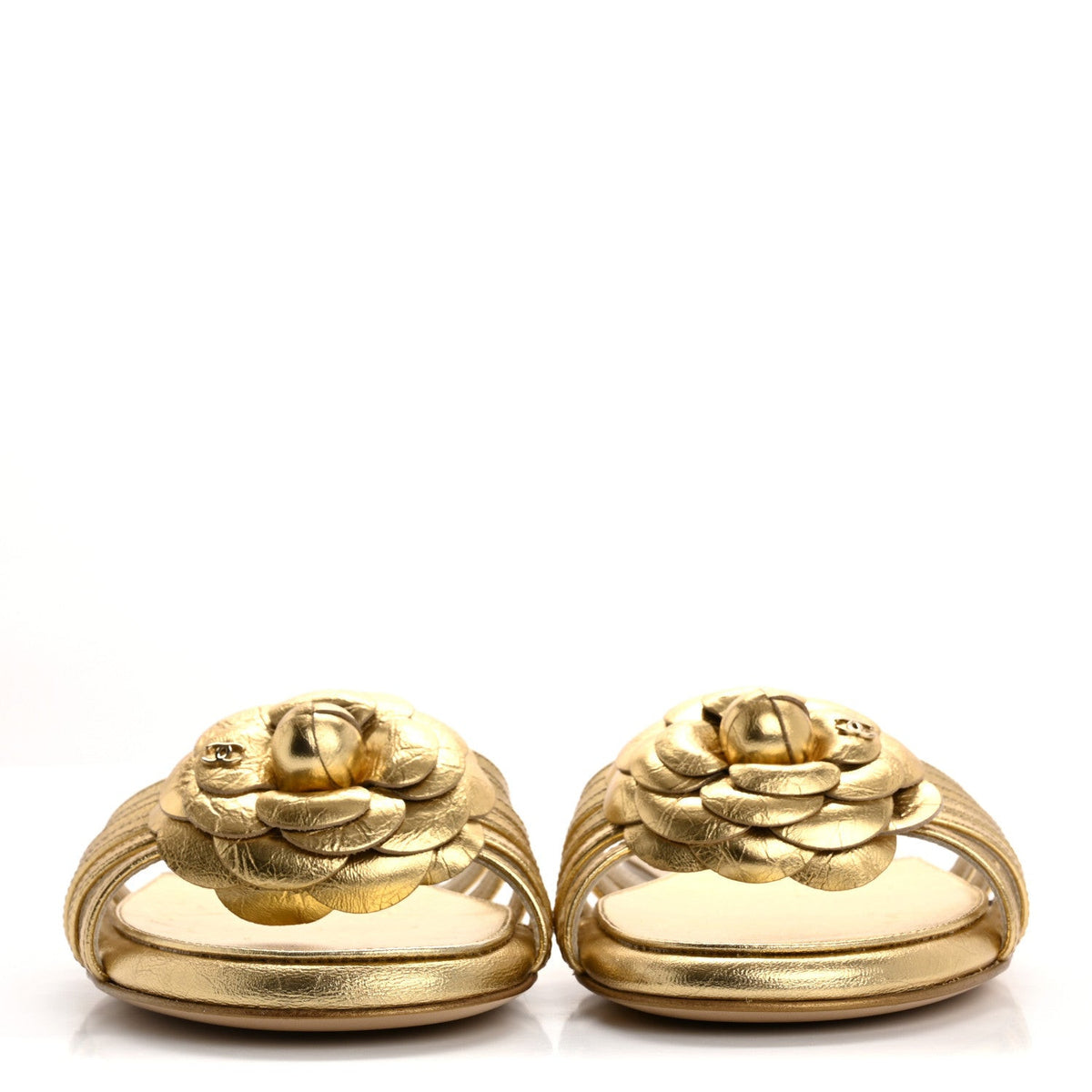 Laminated Lambskin Camellia CC Slide Sandals 36 Gold
