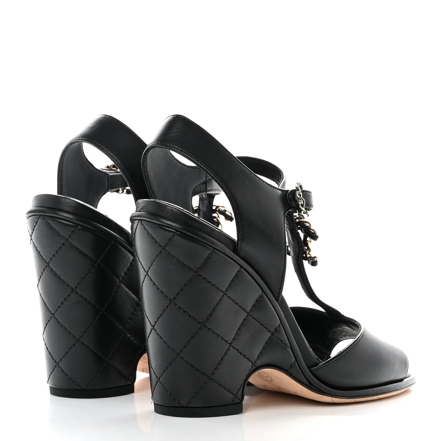 Lambskin Quilted Chain CC Wedge Sandals 36 Black