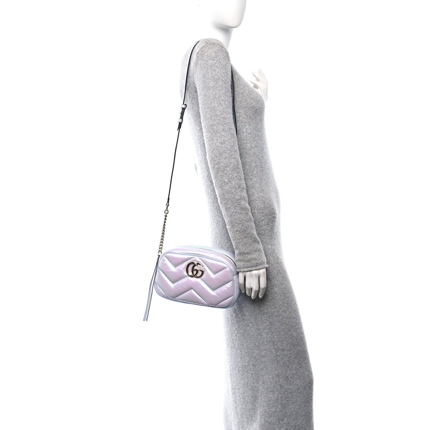 Iridescent Nappa Chevron Matelasse Small GG Marmont Chain Shoulder Bag Iridescent Snow Light Blue
