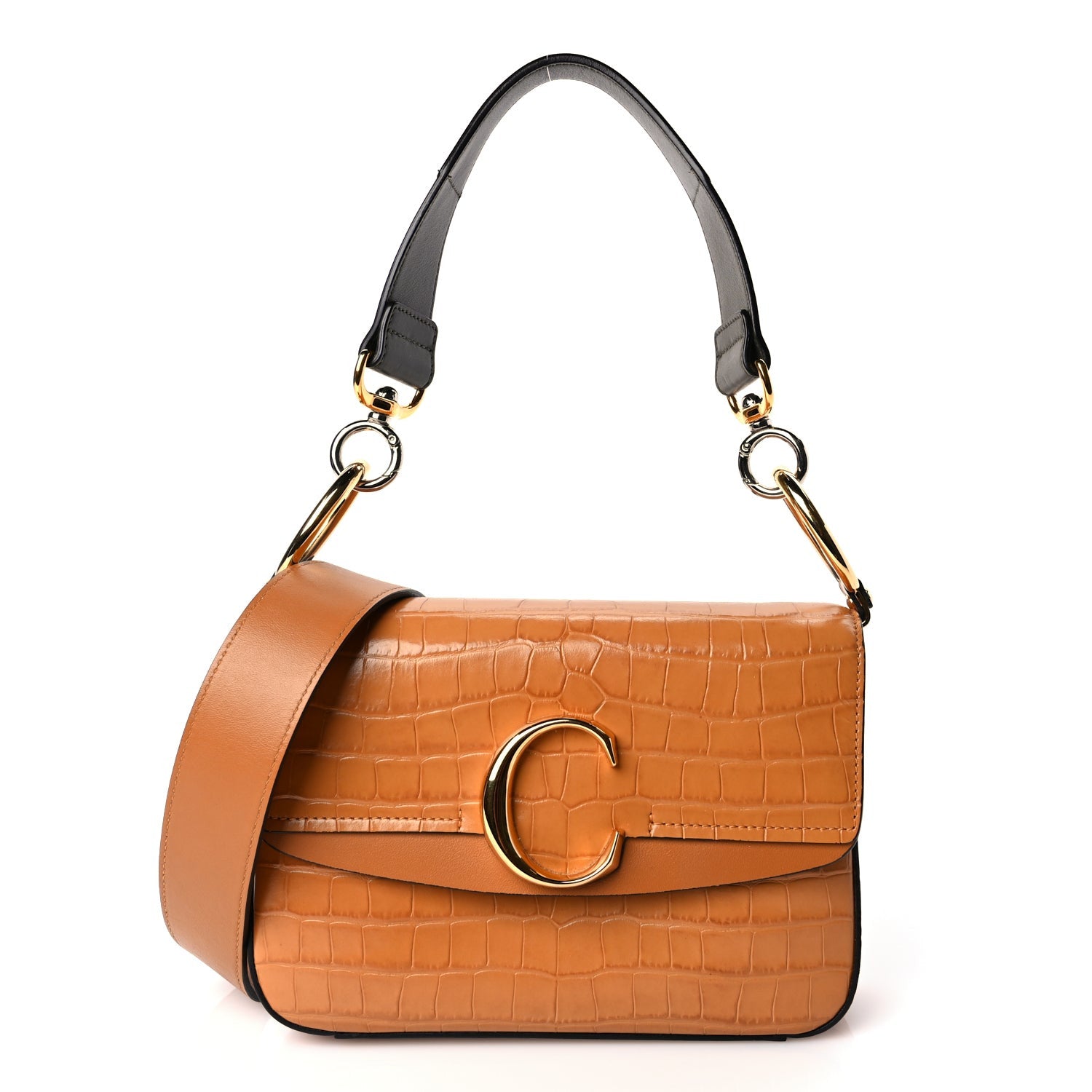 Chloe Calfskin Crocodile Embossed Small C Double Carry Autumnal Brown 1 of 8