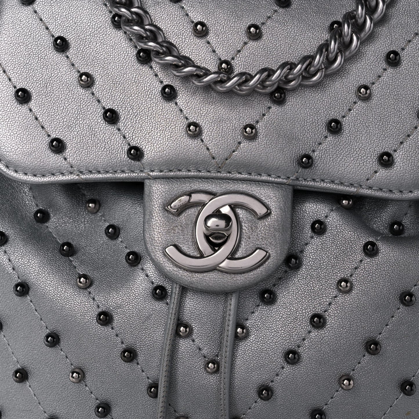 Metallic Lambskin Chevron Quilted Studded Stud Wars Backpack Silver