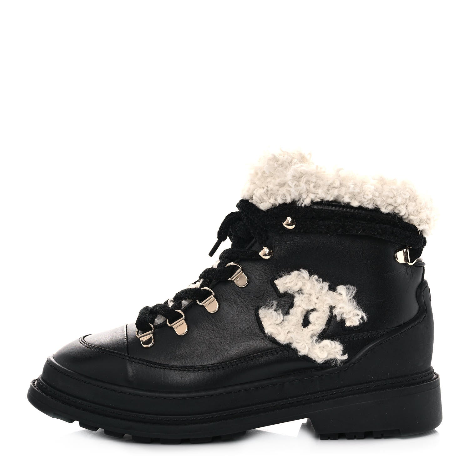 Chanel Calfskin Shearling CC Lace Up Boots 36.5 Black 1 of 9