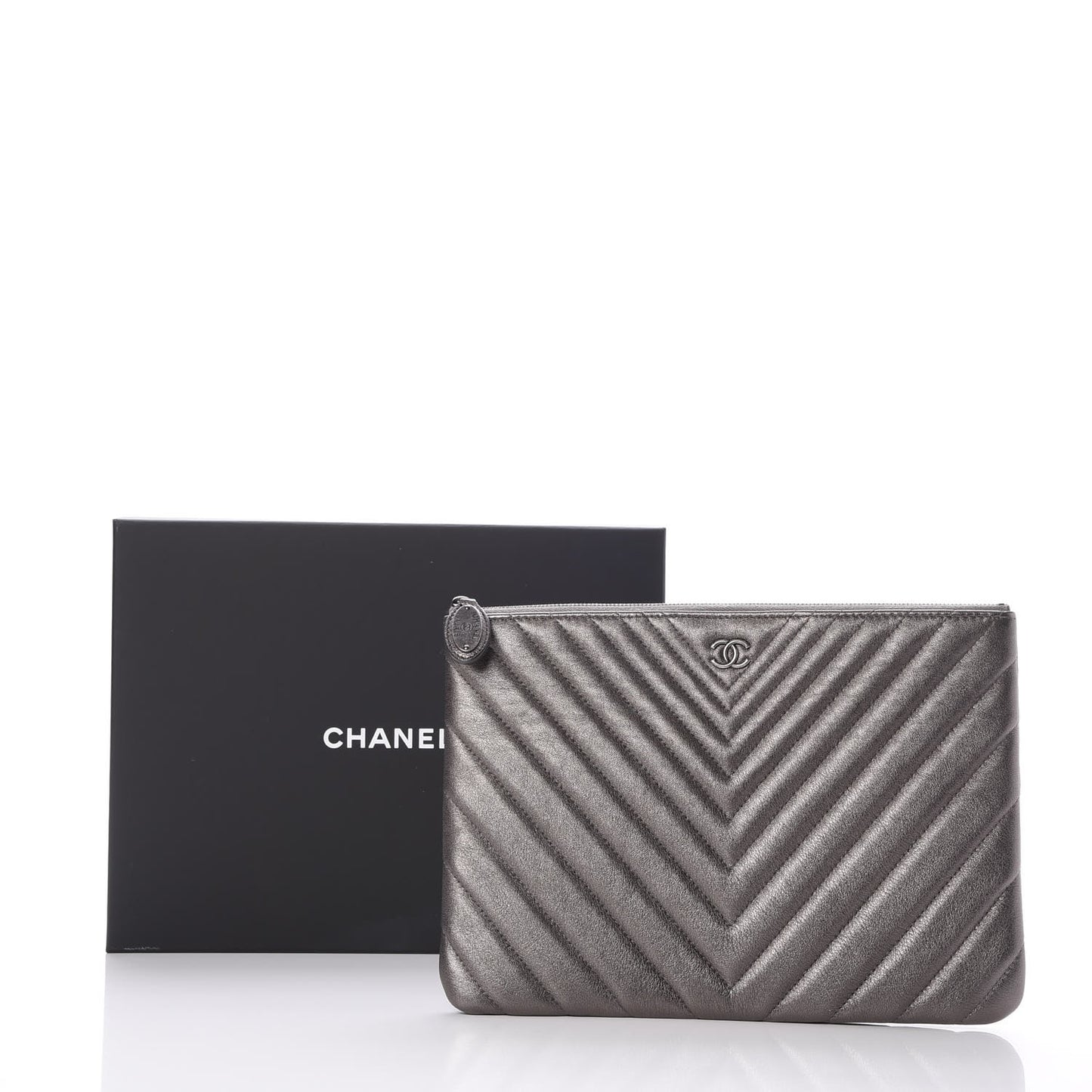 Metallic Calfskin Chevron Quilted Medium Cosmetic Case Dark Silver