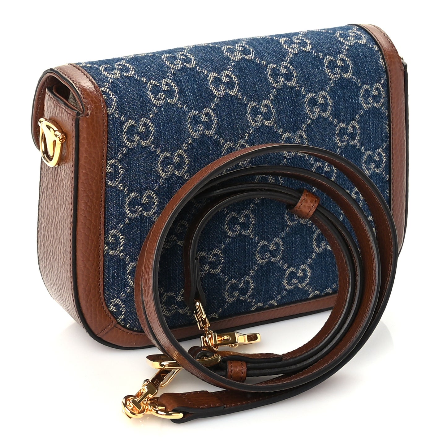New Denim GG Monogram Dollar Calfskin Web Mini Horsebit 1955 Shoulder Bag Blue Tea Cuir Epilog
