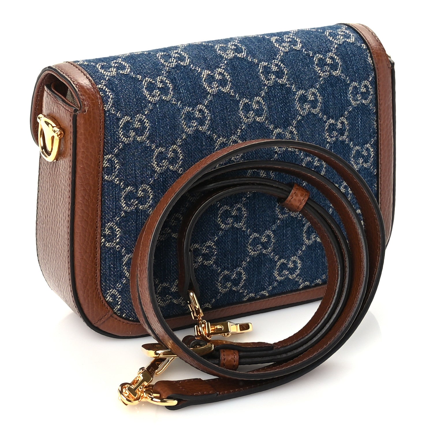 Gucci New Denim GG Monogram Dollar Calfskin Web Mini Horsebit 1955 Shoulder Bag Blue Tea Cuir Epilog 2 of 8
