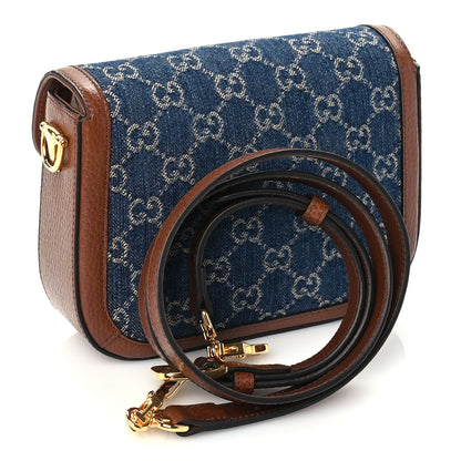 Gucci New Denim GG Monogram Dollar Calfskin Web Mini Horsebit 1955 Shoulder Bag Blue Tea Cuir Epilog 2 of 8