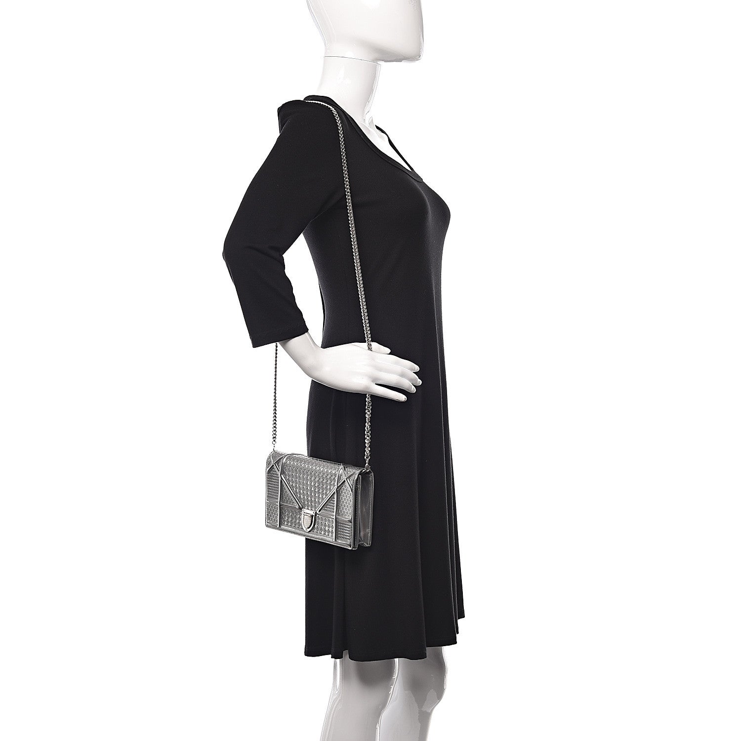 Christian Dior Metallic Patent Micro-Cannage Diorama Wallet on Chain Pouch Silver 2 of 10