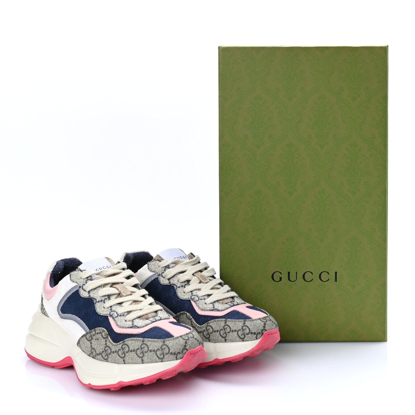 GG Supreme Monogram Mix Monogram Womens Rhyton Sneakers London Blue Beige Pale Pink