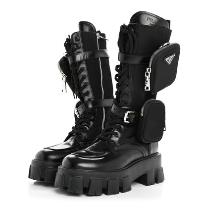 Prada Spazzolato Rois Re-Nylon Metal Triangle Logo Monolith Pouch Pocket 55mm Tall Combat Boots 36.5 Black 3 of 7