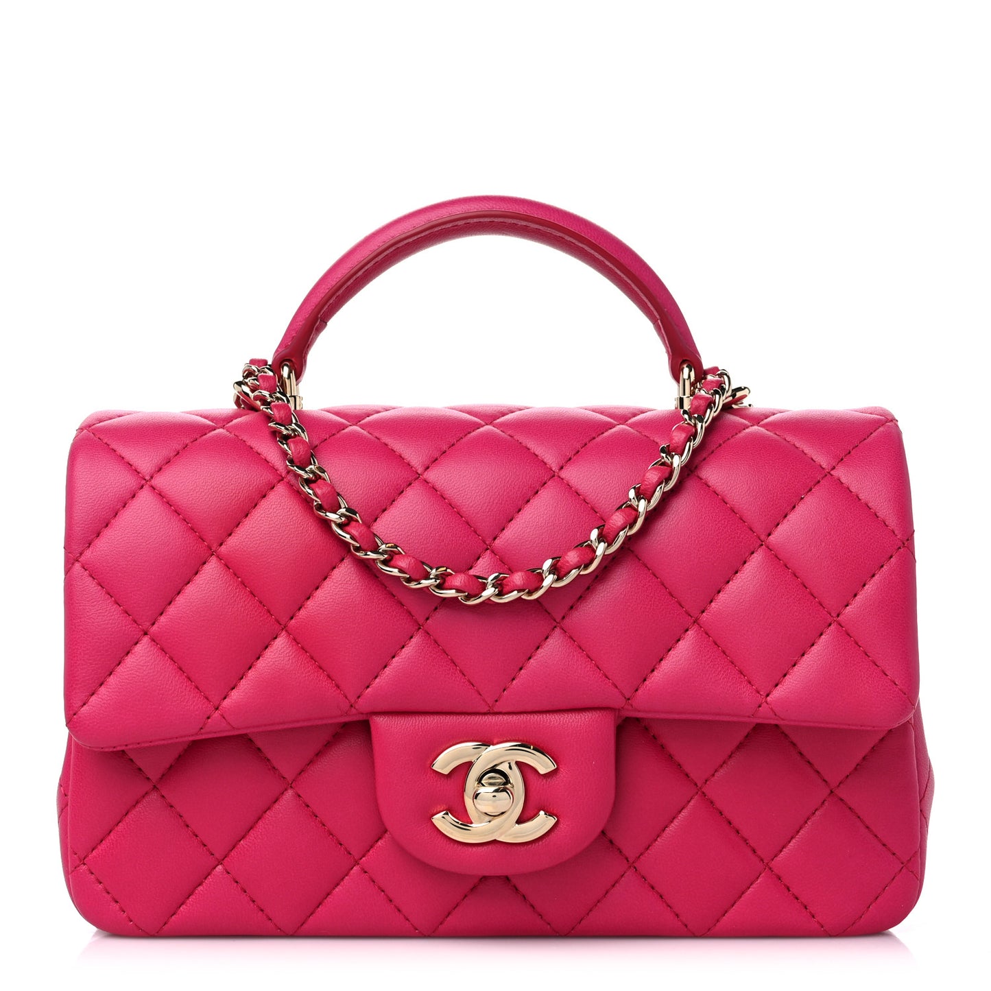 Lambskin Quilted Mini Top Handle Rectangular Flap Dark Pink