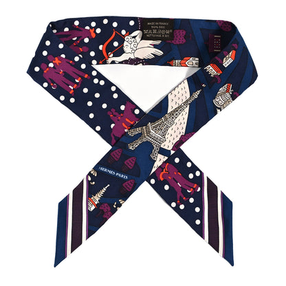 Hermes Silk Les Nouveaux Amoureux de Paris Twilly Marine Violet White 1 of 4