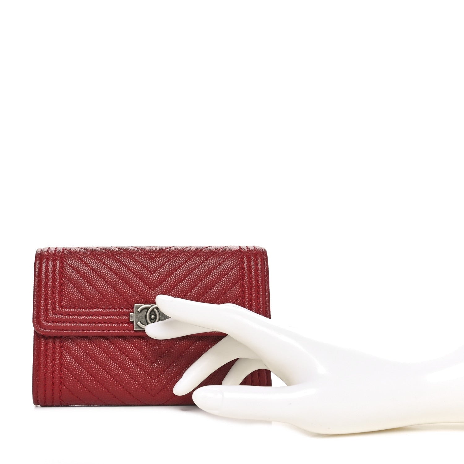 Chanel Caviar Chevron Quilted Boy Flap Wallet Red 2 of 7