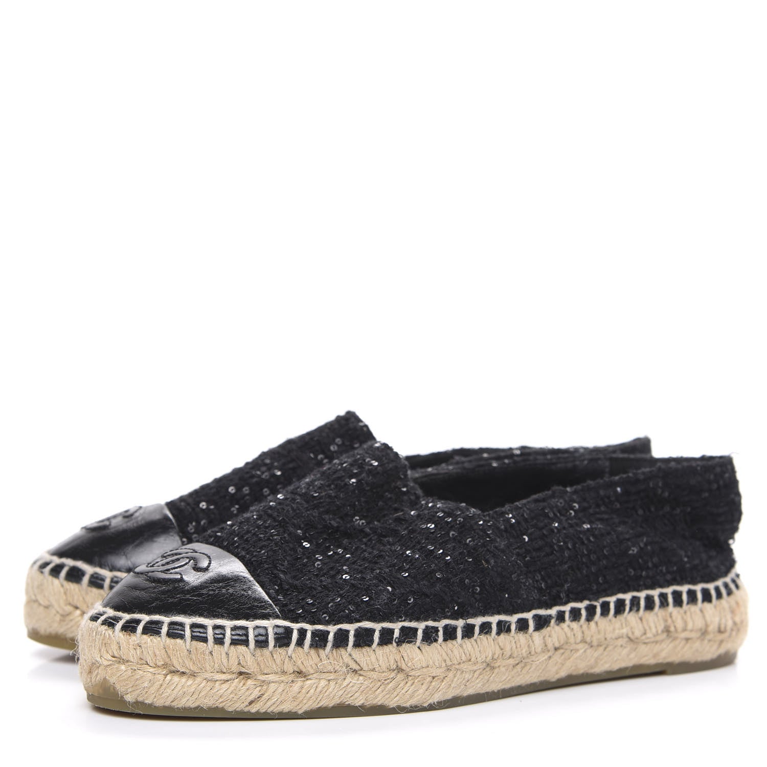 Chanel Tweed Patent Goatskin Sequin CC Espadrilles 35 Black 3 of 10