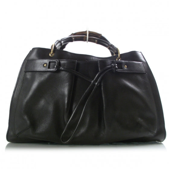 Leather Bamboo Handle Tote Black