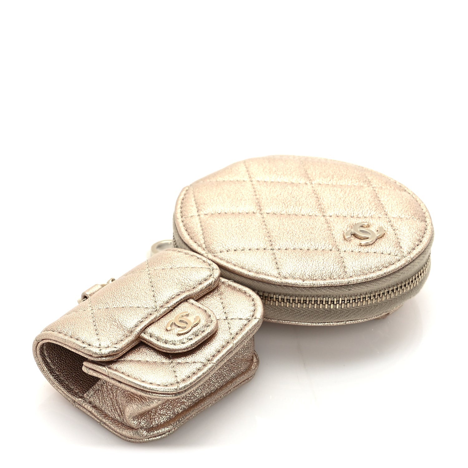 Chanel Metallic Lambskin Quilted Round Clip On Coin Purse Airpods Case  Gold 8 of 9