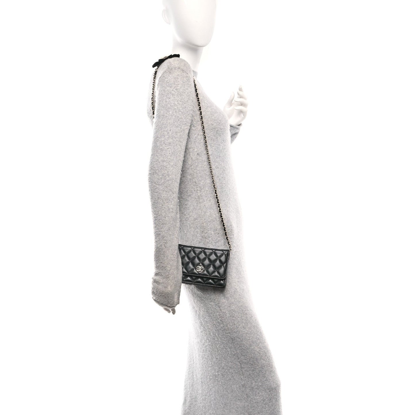 Lambskin Quilted Mini Camellia Bow Wallet On Chain WOC Black