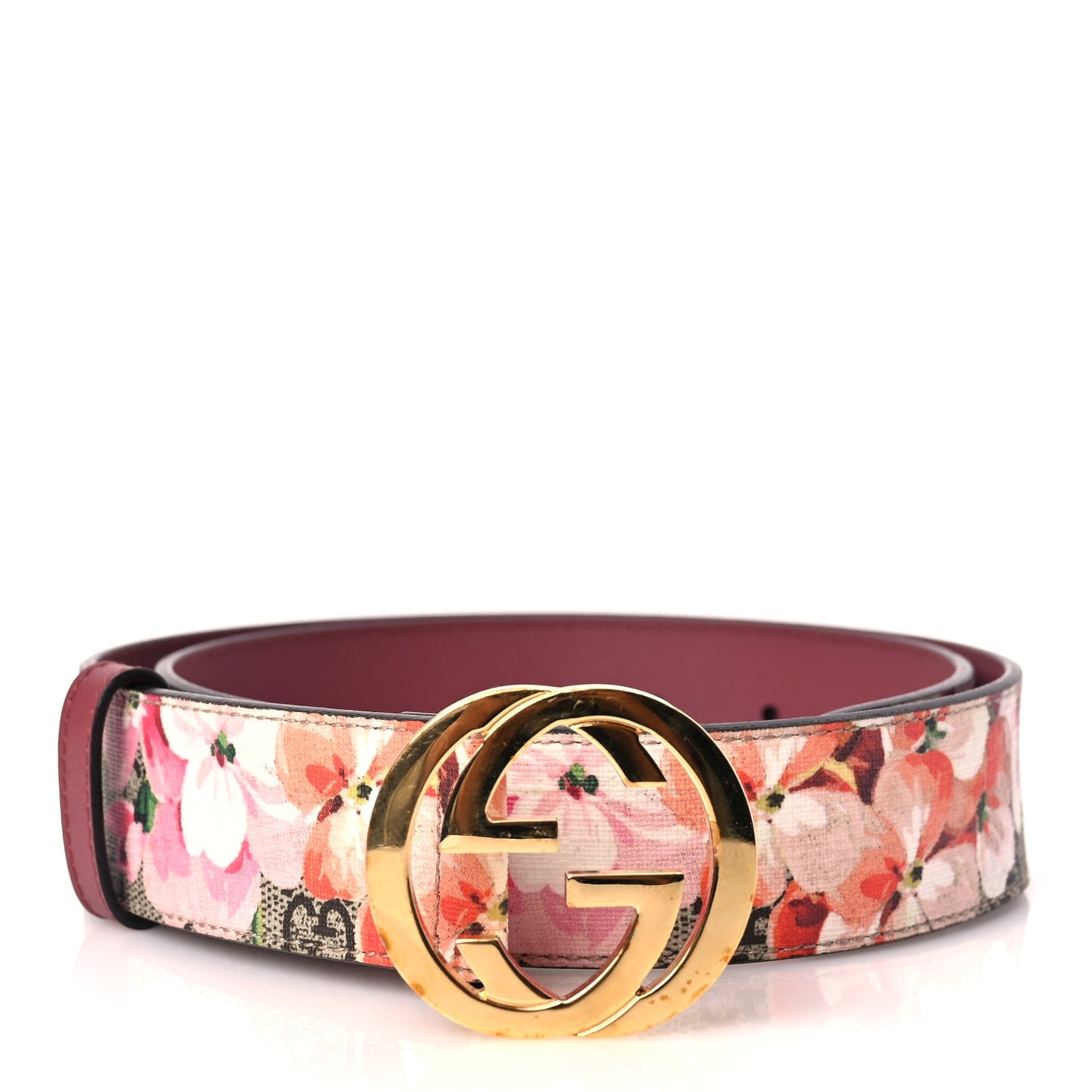 GG Supreme Monogram Blooms Moon Calfskin Interlocking G 37mm Belt 80 32 Beige Ebony Multicolor Dry Rose