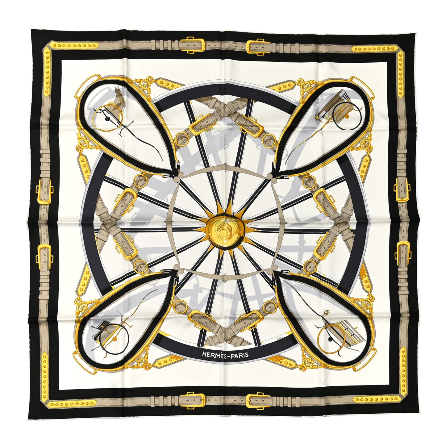 Silk En Roue Libre Scarf 90 White Black Gold