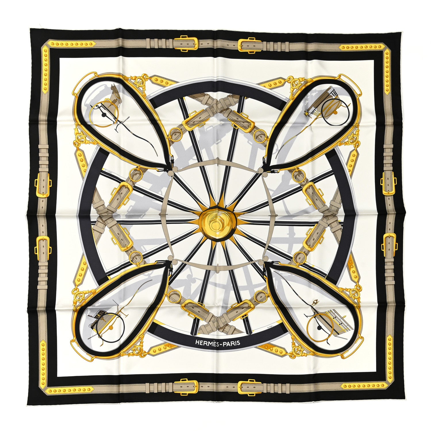 Hermes Silk En Roue Libre Scarf 90 White Black Gold 1 of 5