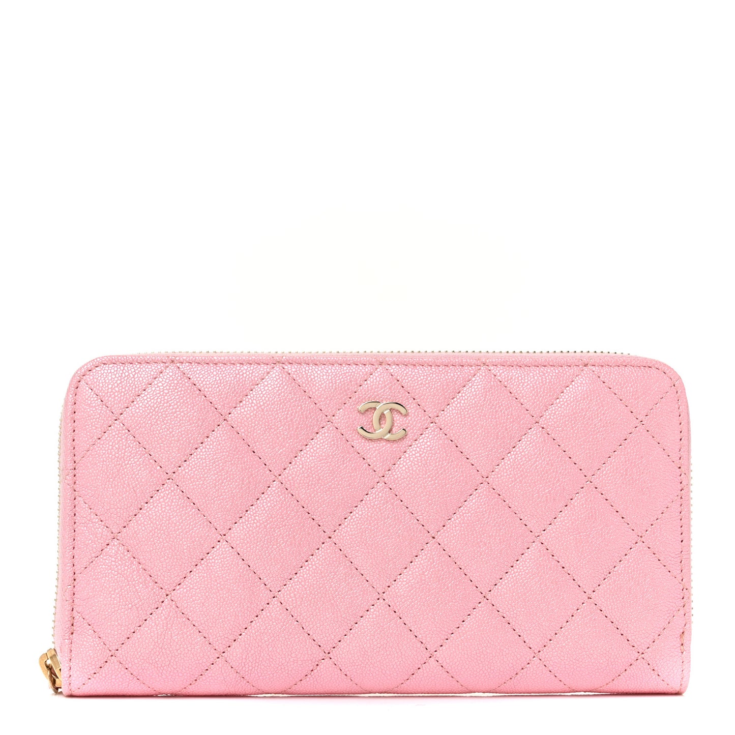 Iridescent Caviar Quilted Large Zip Around Wallet Pink