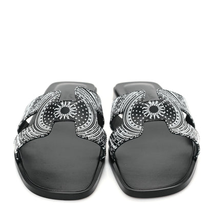 Hermes Calfskin Astrologie Bandana Oran Sandals 38 Black White 2 of 9