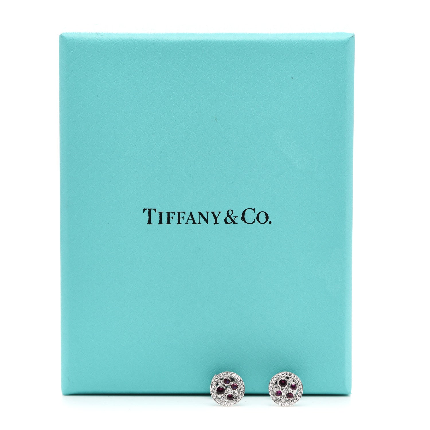 Tiffany Platinum Diamond Ruby Cobblestone Stud Earrings 6 of 6