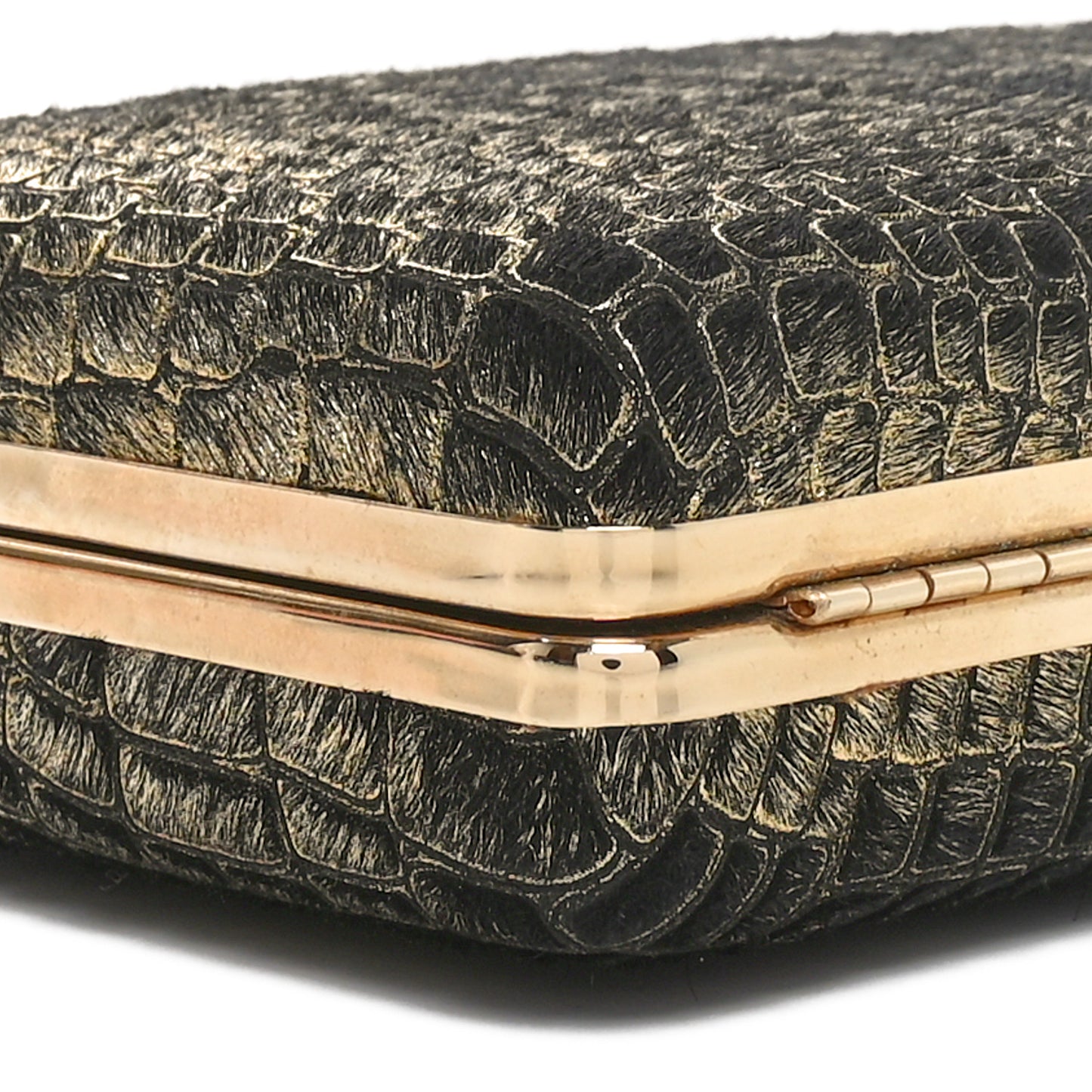 Ponyhair Crocodile Print Clutch Black Gold