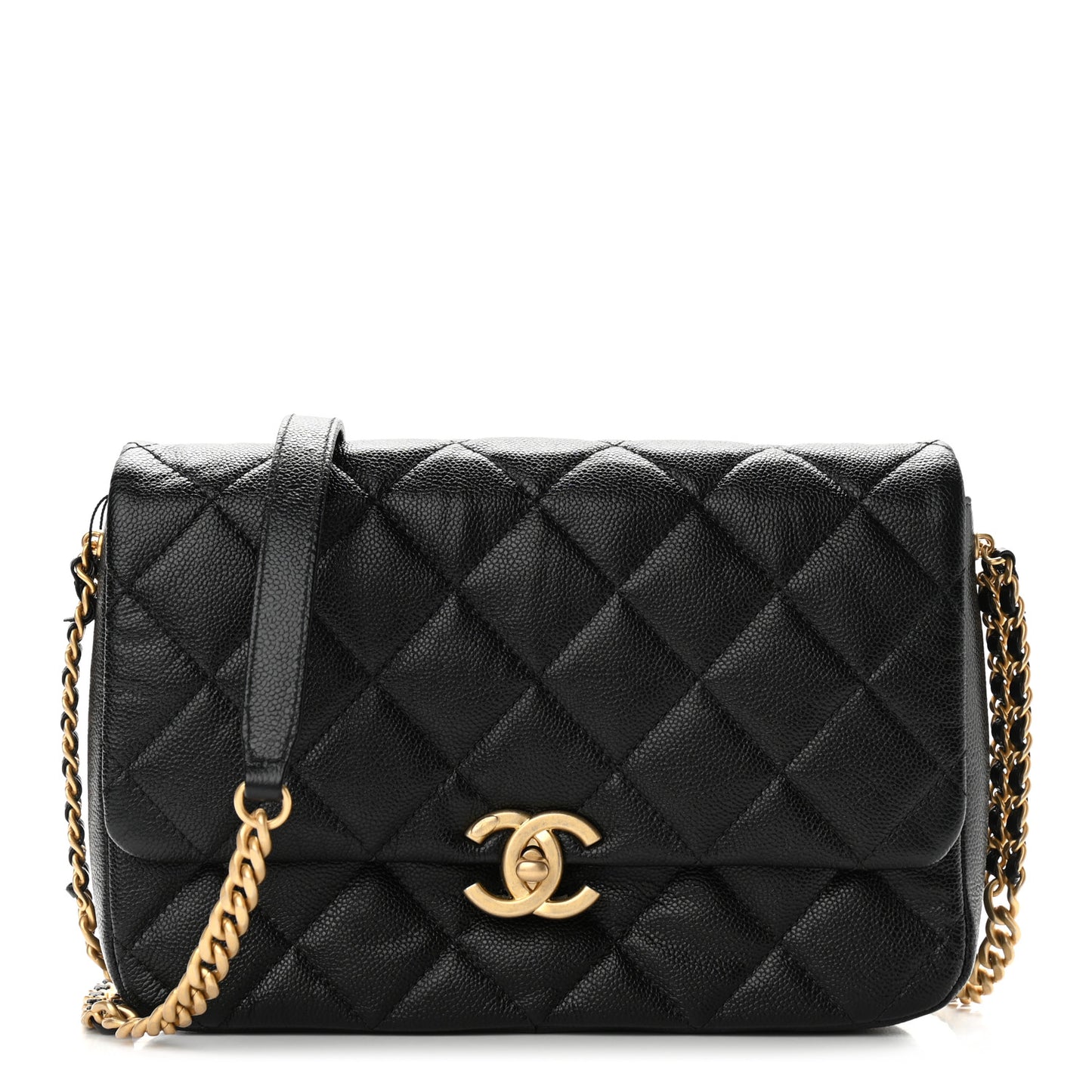 Shiny Caviar Quilted Large Chain Melody Flap Black