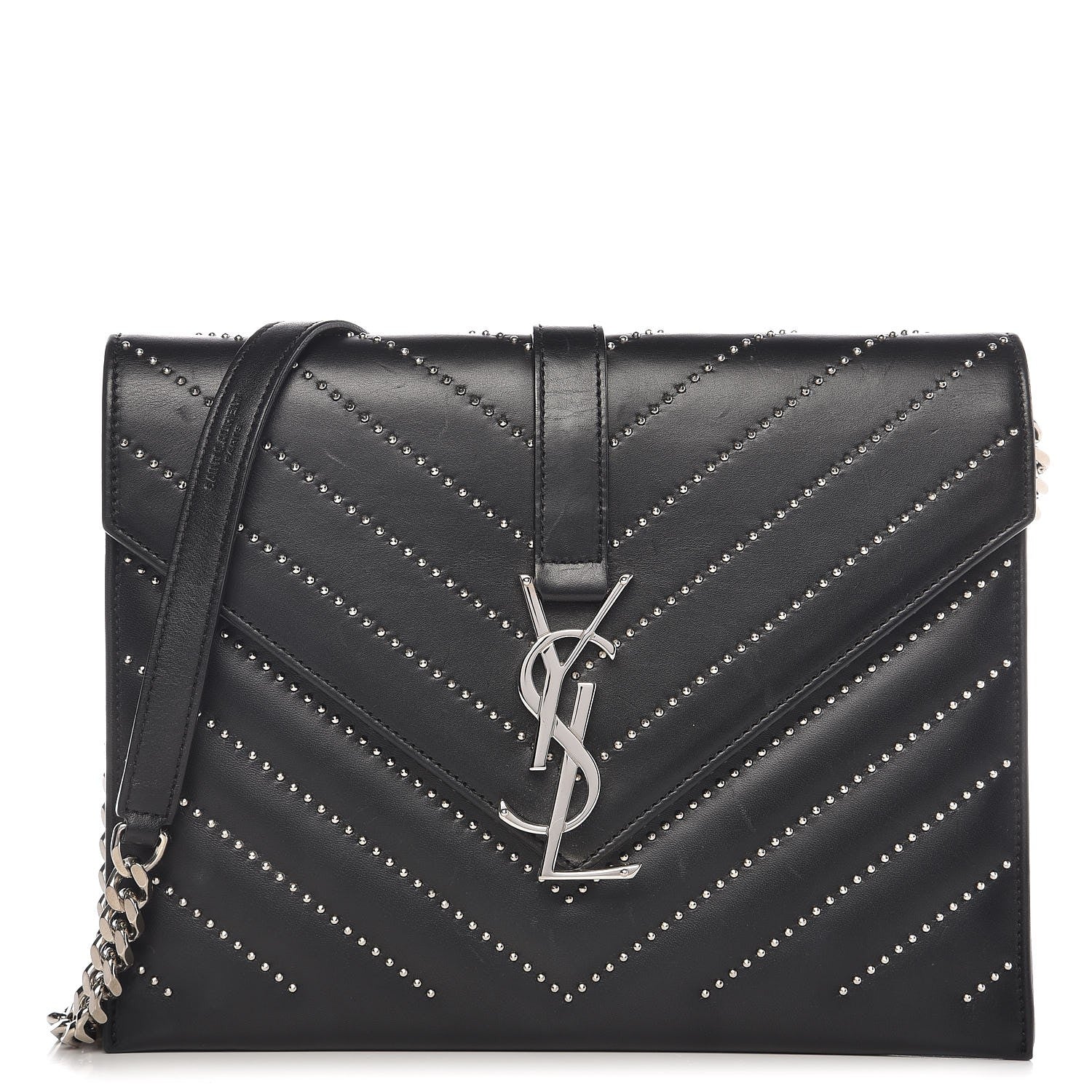 Saint Laurent Lambskin Matelasse Chevron Studded Medium Monogram Satchel Black 1 of 11