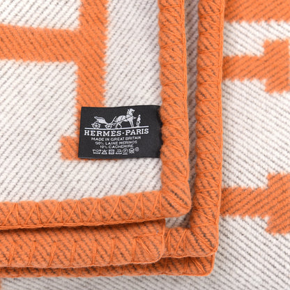 Hermes Wool Cashmere Signature Classic Avalon Blanket Ecru Potiron 3 of 3