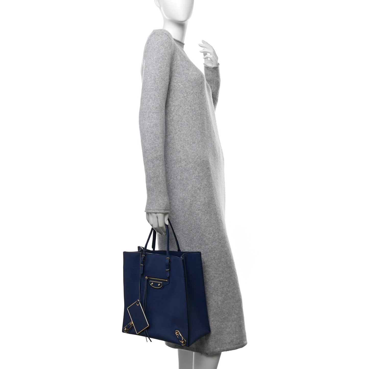 Grained Calfskin Gold Metallic Edge Hardware Papier Small A4 Tote Bleu
