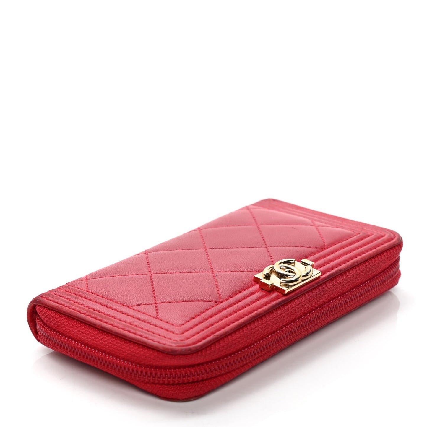 Lambskin Quilted Small Boy Zip Around Wallet Red