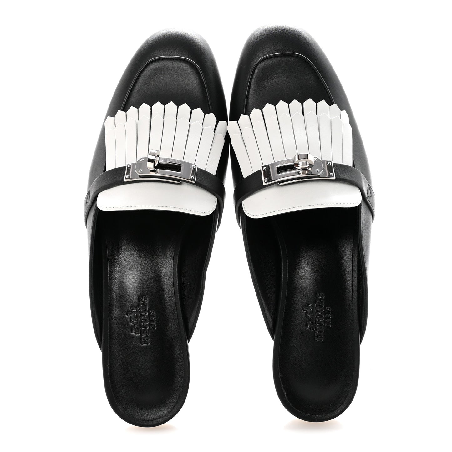 Calfskin Fringe Oz Mules 37 Black White