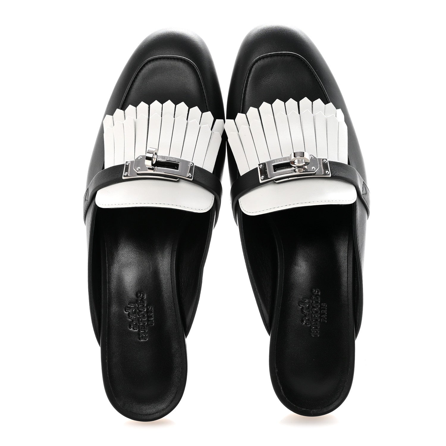 Hermes Calfskin Fringe Oz Mules 37 Black White 2 of 10