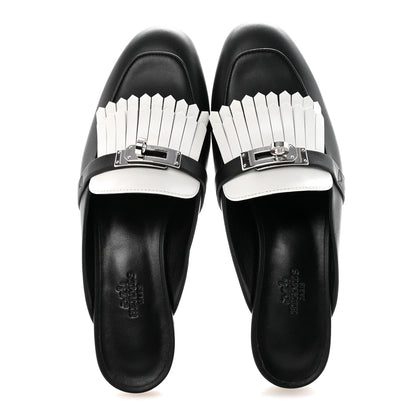 Hermes Calfskin Fringe Oz Mules 37 Black White 2 of 10