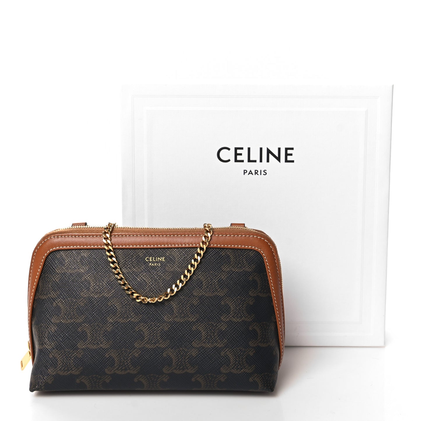 Triomphe Canvas Lambskin Clutch On Chain Tan